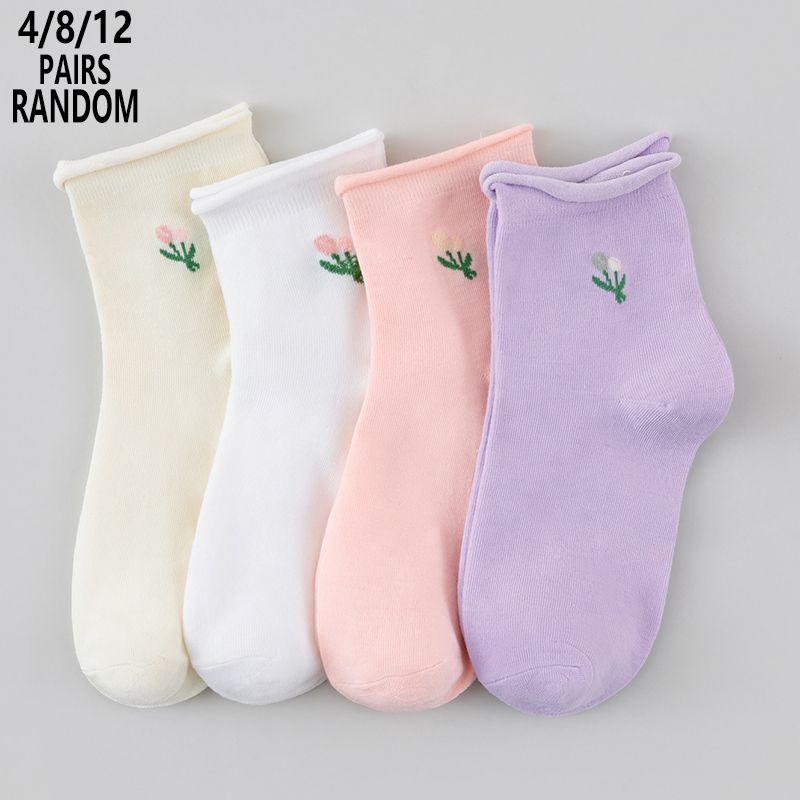 Cotton Crew Sock Pack - 4/8/12 Paket Rastgele Kadın Çiçekli Orta